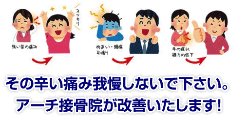 その辛い痛み我慢しないで下さい。アーチ接骨院が改善いたします！